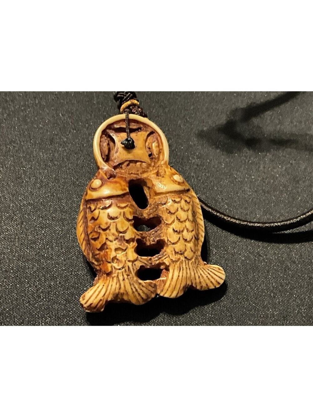 Carved Fish On 13in Cord.  Button Closure Japanese Katabori Pendant 2in